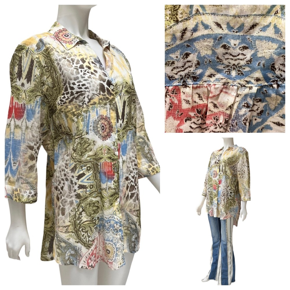 Chicos Cotton Gauze Tunic Blouse XL Bobo Lightweight Cover up‎ Artsy Lagenlook